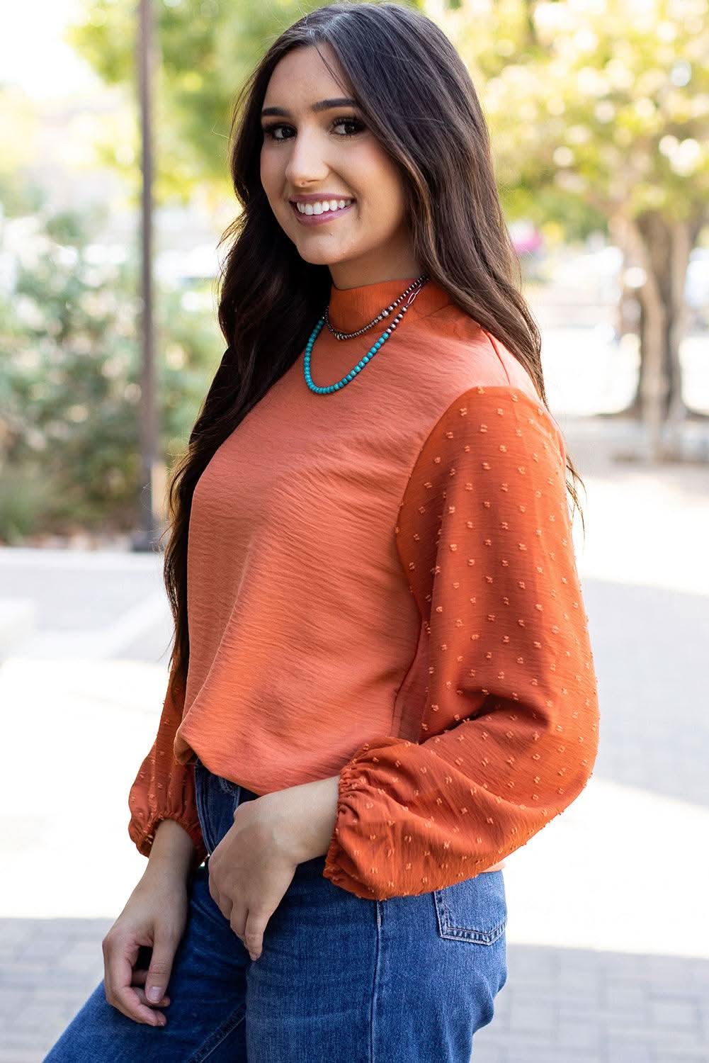 Russet Orange Swiss Dot Balloon Sleeve Loose Blouse - Love Salve